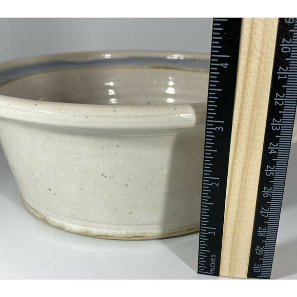Artisan Signed Glazed Pottery Ivory Gray Serving Bowl w/ Handles Blue Flowers - Picture 7 of 10